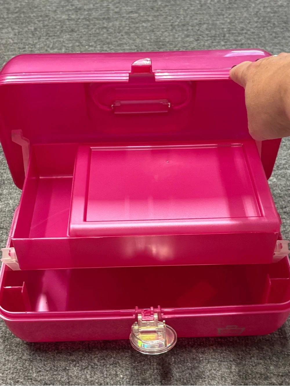 Vintage Caboodles Hot Pink Glossy Hard Shell Makeup Case with Clear Handle